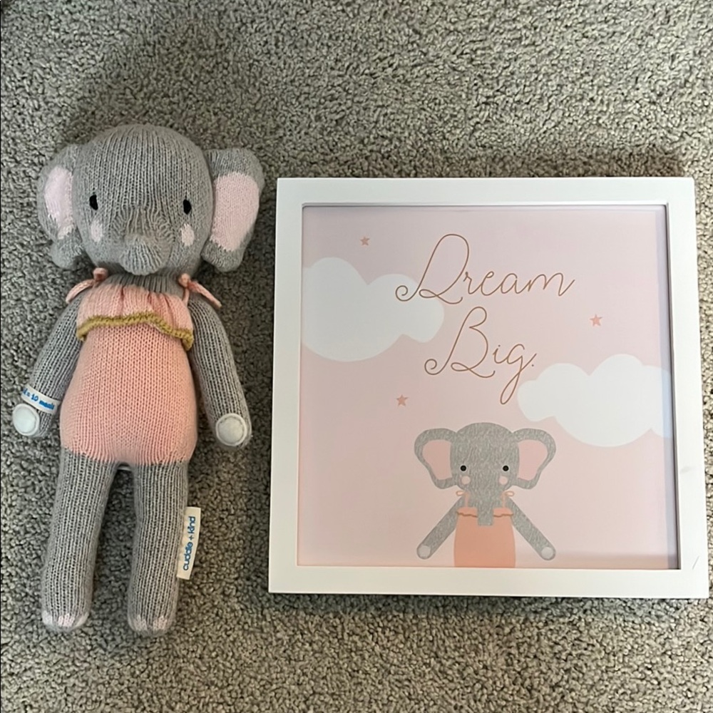 Cuddle and Kind Eloise the Elephant with 12 by 12 framed quote